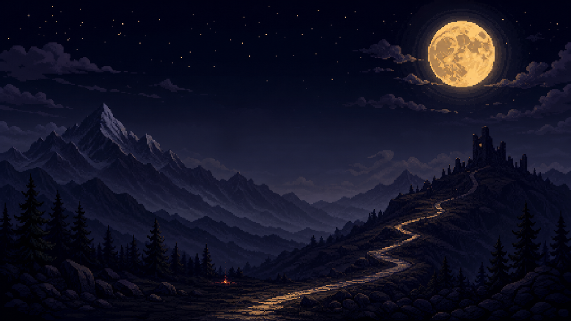 A moonlit road winding toward the living pixel world of AwayWard
