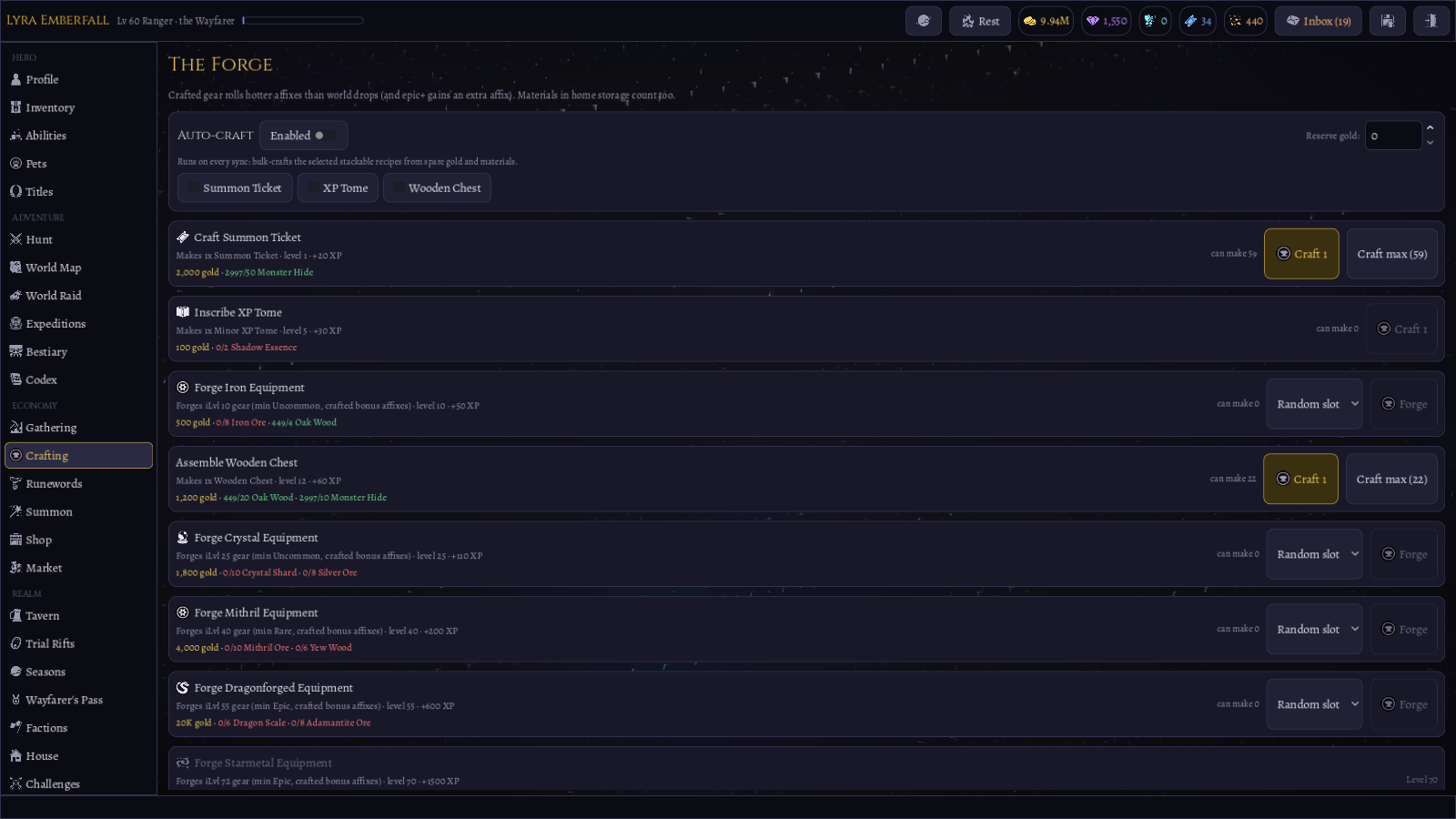 Crafting screen