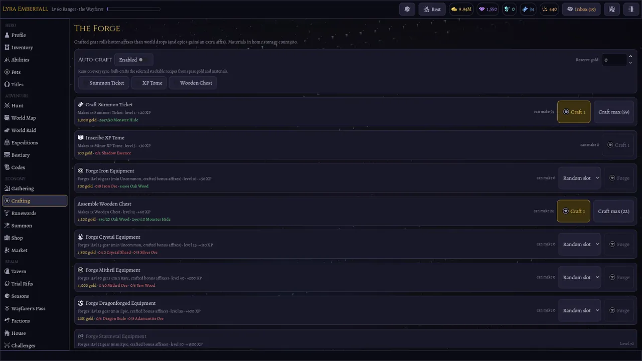 Crafting screen