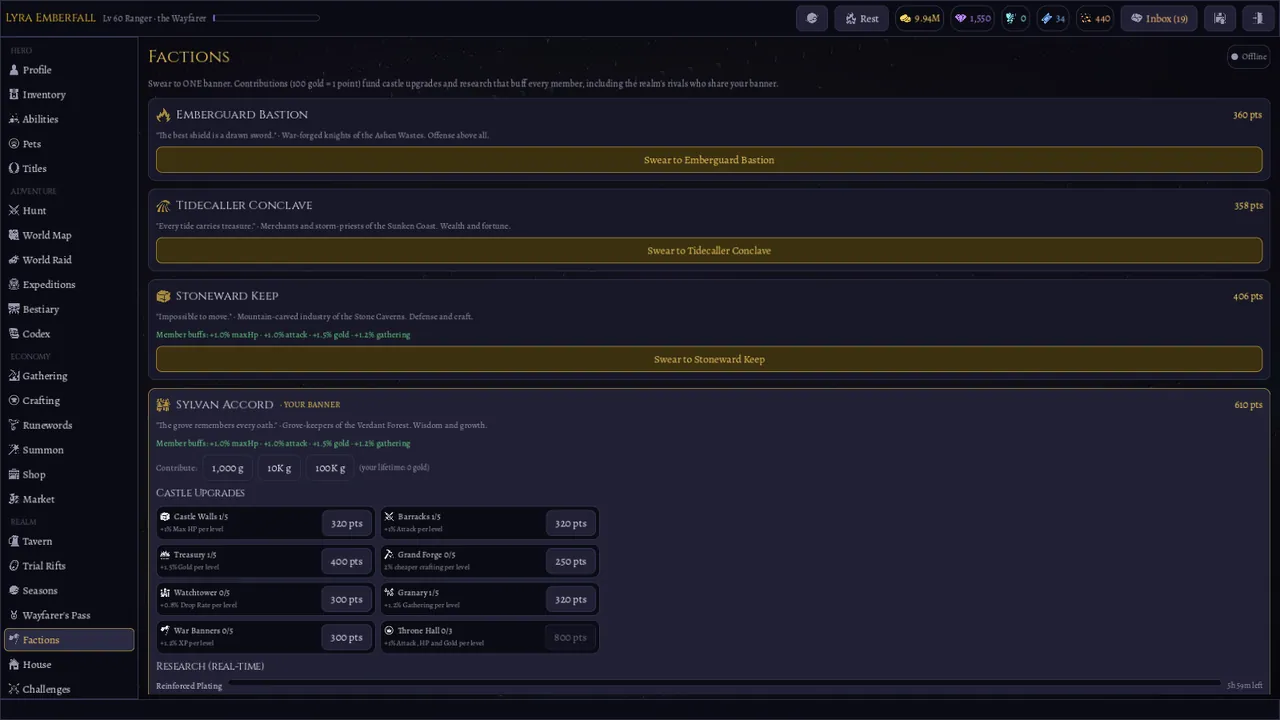 Factions screen