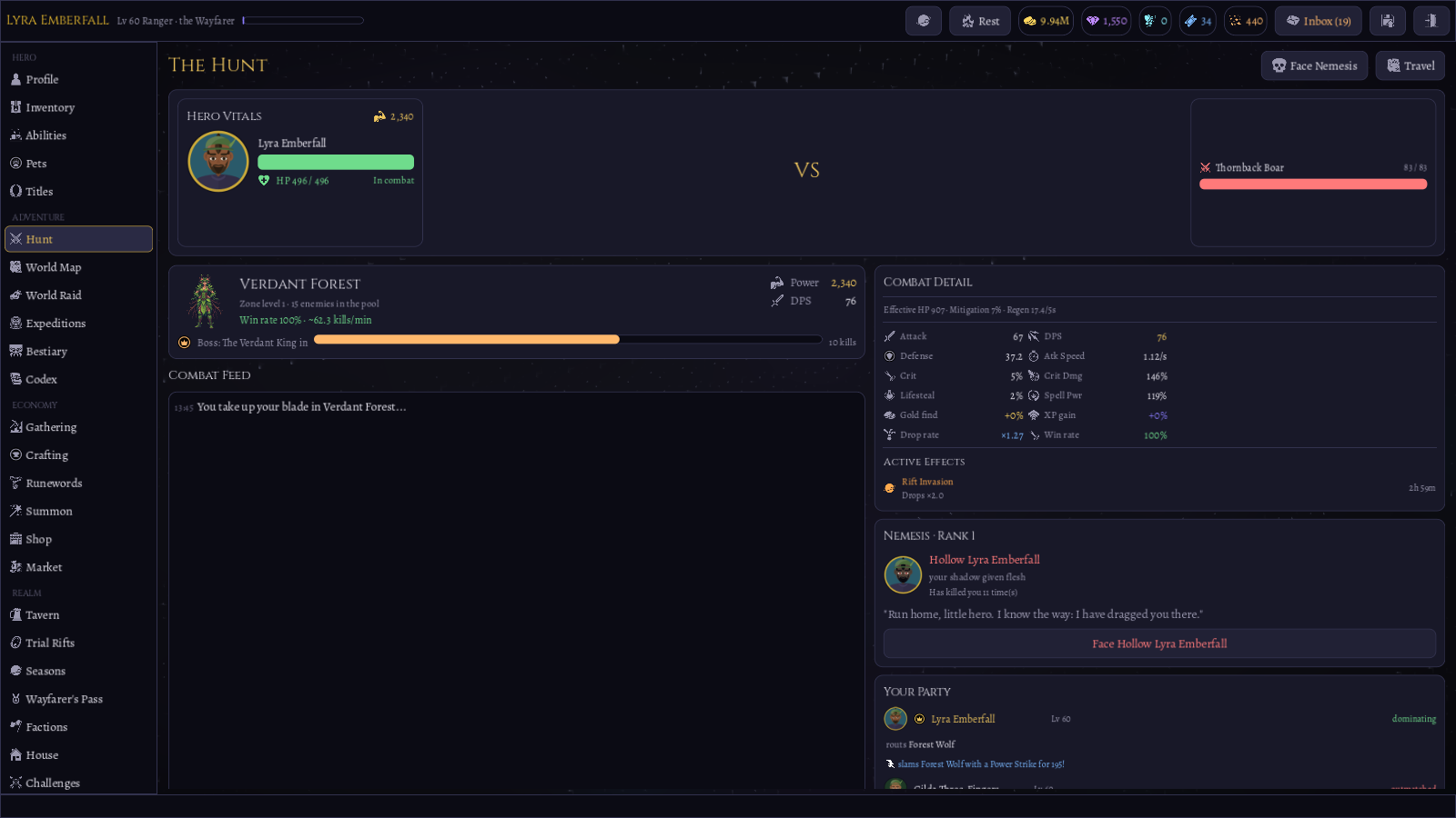 The Hunt screen: live auto-combat with combat detail, Nemesis and co-op party