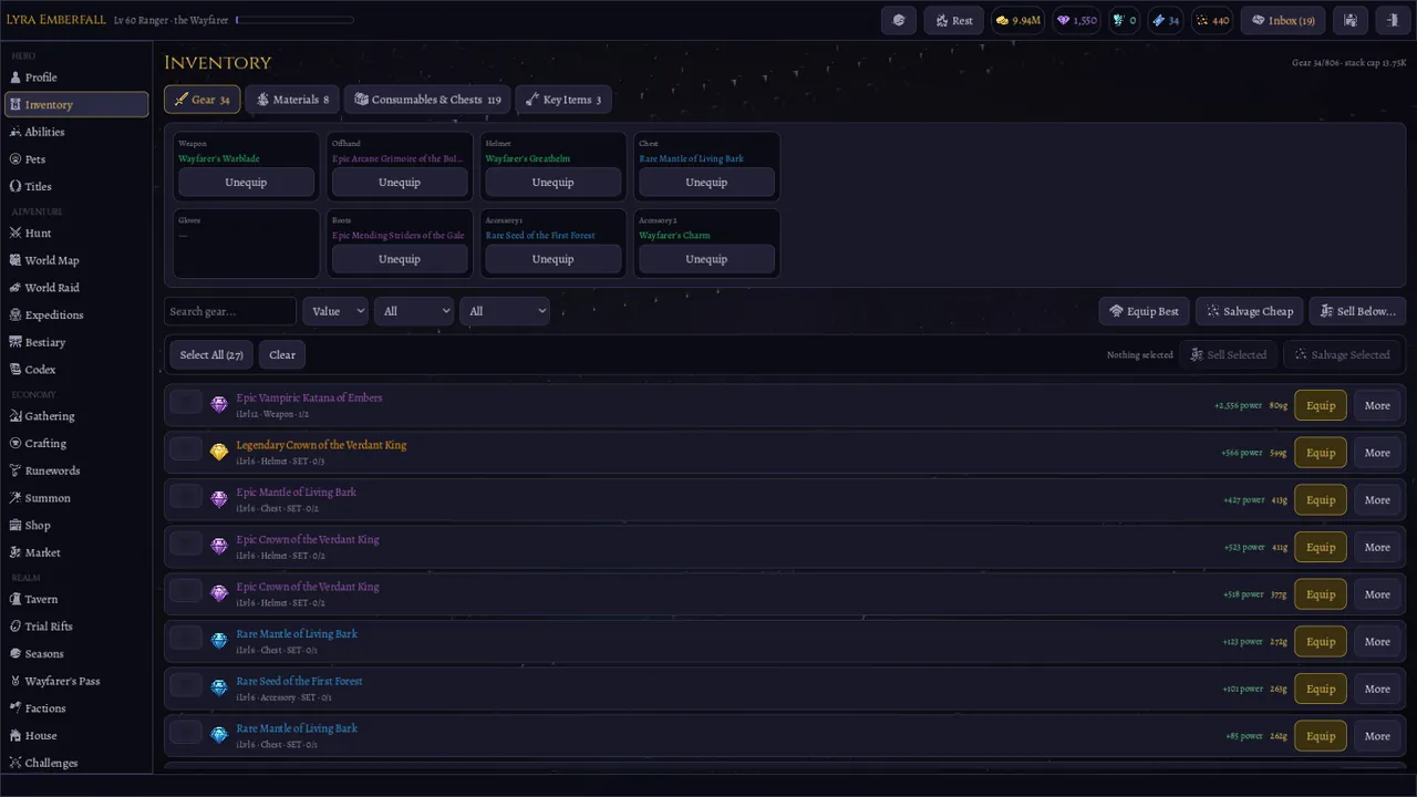 Inventory screen