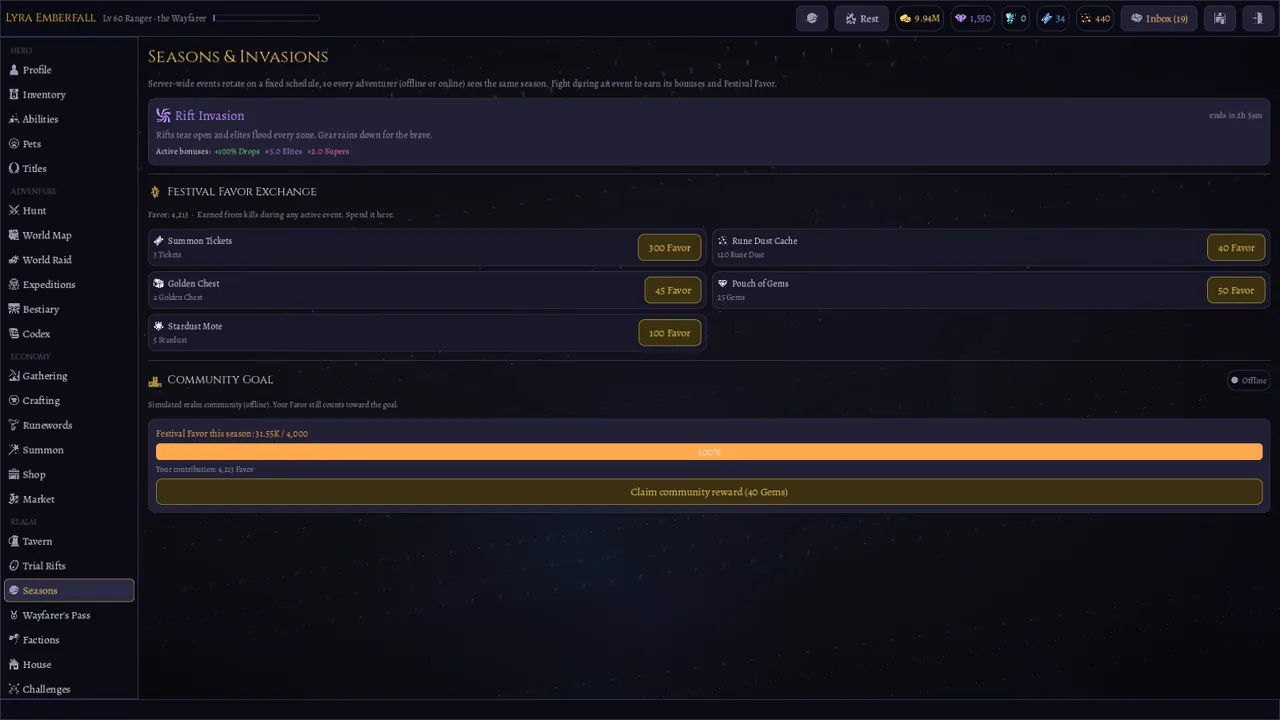 Seasons screen